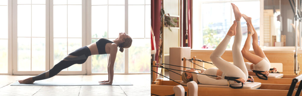 リフォーマーで身体が支えられている様子
マット上で自力で姿勢を保っている様子（比較）