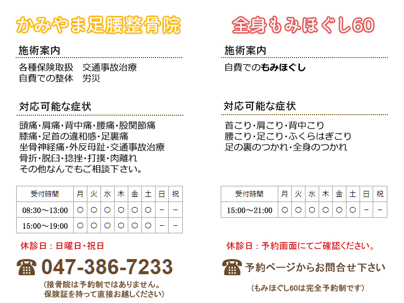 かみやま足腰整骨院

施術案内
各種保険取扱　交通事故治療　
自費での整体　労災　

対応可能な症状

頭痛・肩痛・背中痛・腰痛・股関節痛
膝痛・足首の違和感・足裏痛
坐骨神経痛・外反母趾・交通事故治療
骨折・脱臼・捻挫・打撲・肉離れ
その他なんでもご相談下さい。

受付時間
休診日 : 日曜日・祝日
047-386-7233
(接骨院は予約制ではありません。
保険証を持って直接お越しください)

全身もみほぐし60

施術案内
自費でのもみほぐし　

対応可能な症状
首こり・肩こり・背中こり
腰こり・足こり・ふくらはぎこり
足の裏のつかれ・全身のつかれ

受付時間
休診日 : 予約画面にてご確認ください。
電話　予約ページからお問合せ下さい
もみほぐし60は完全予約制です)