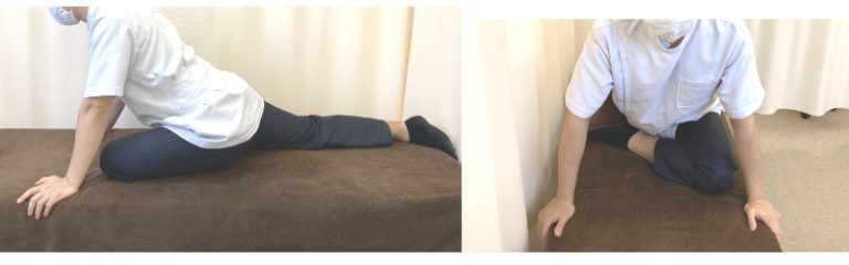 上山和俊がベッドの上で梨状筋を伸ばしている写真