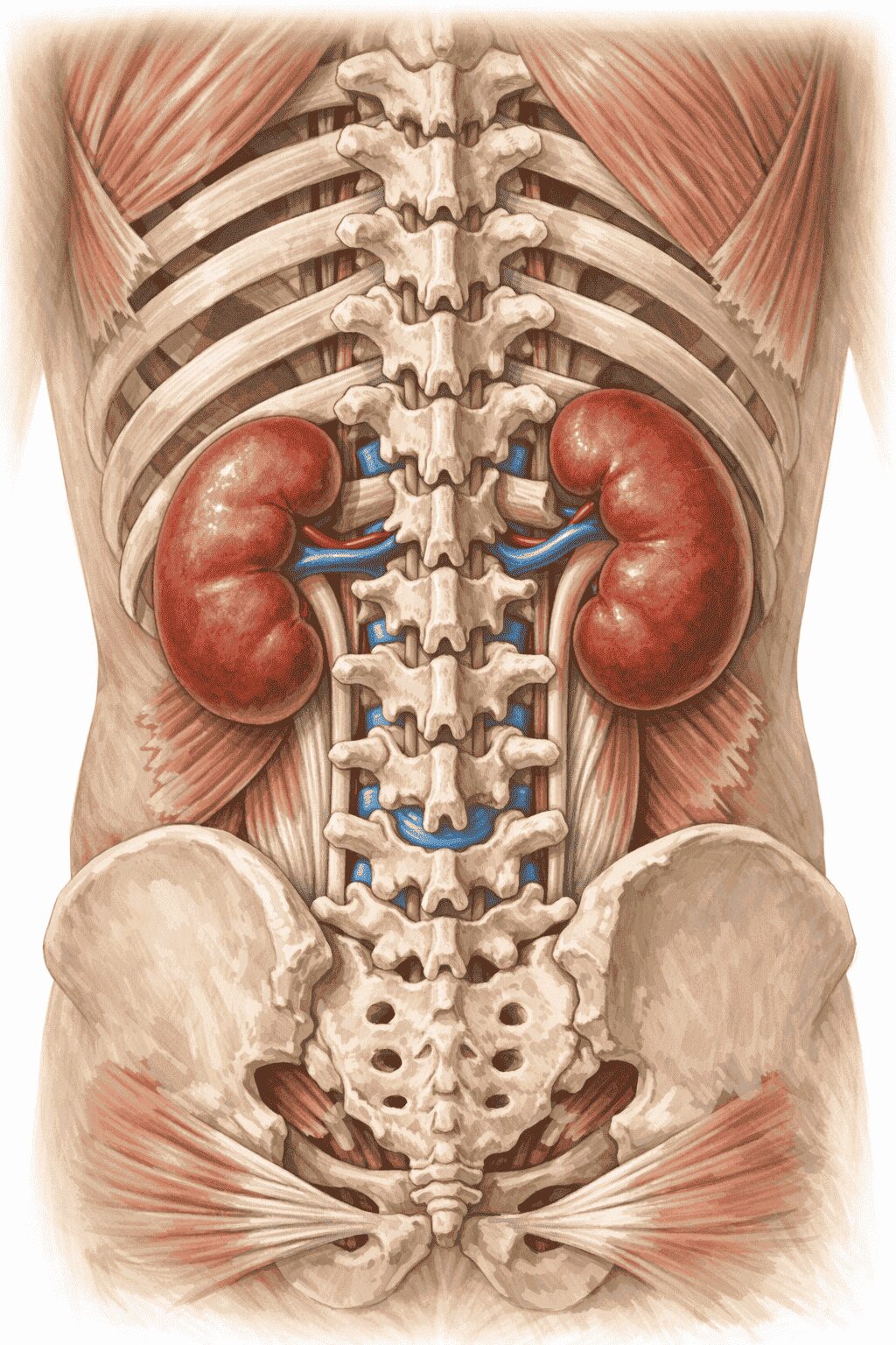 腰と腎臓の位置関係を示した解剖図