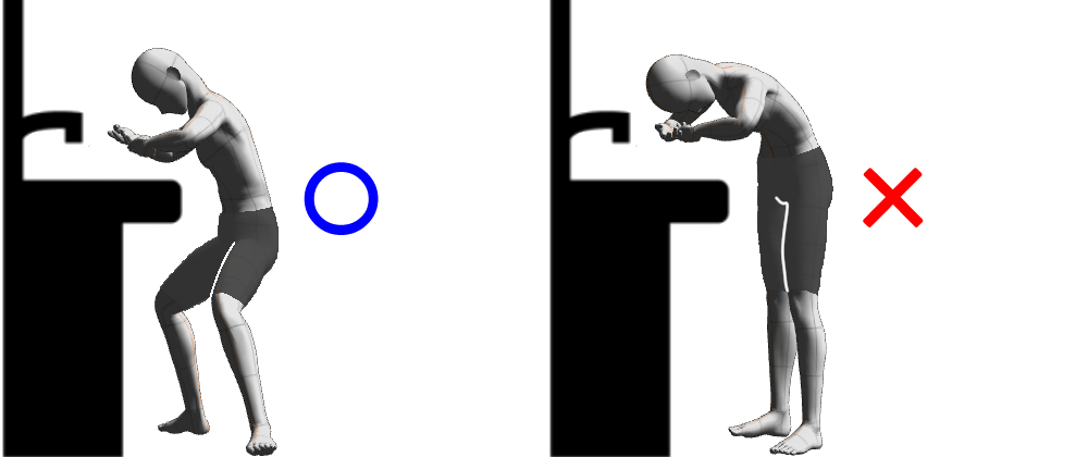 腰痛にならないように、椎間板に負担がないように中腰で洗面台で顔を洗っているイラスト