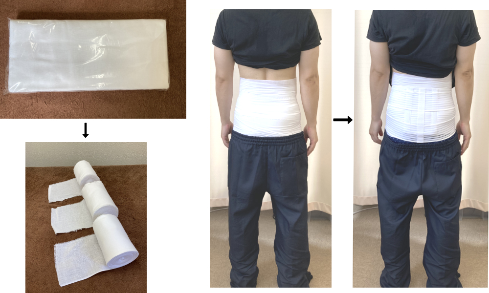 上山和俊が腰にサラシとコルセットをつける方法をレクチャーしている写真