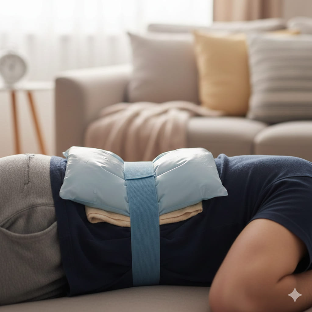 左腰の後ろの痛みをとろうとして、激痛の箇所をアイシングしている写真 