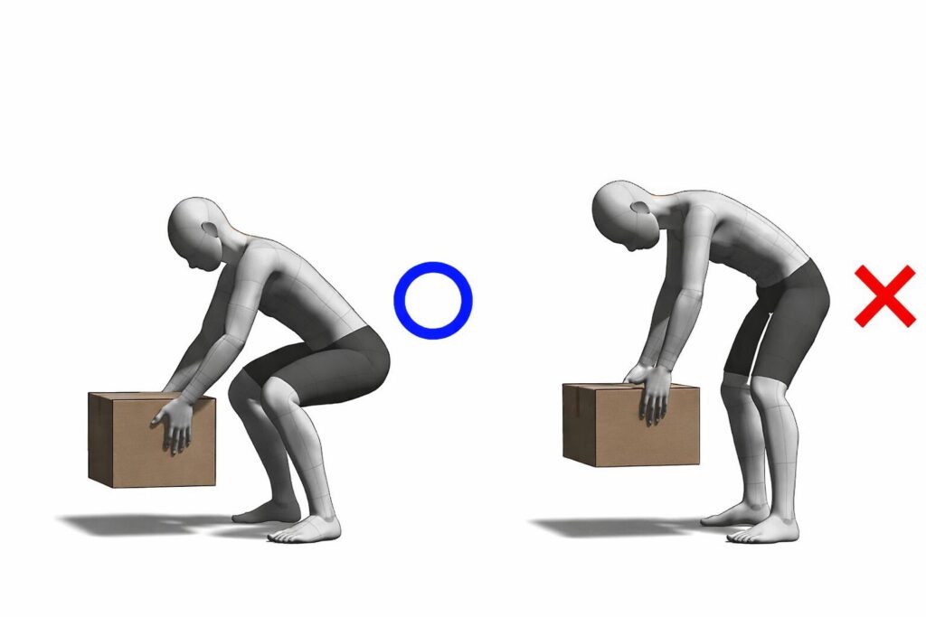 腰痛にならないように、椎間板に負担がないように物を持ち上げているイラスト