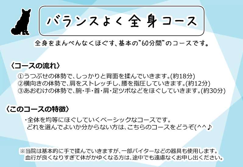 60分2700円(税込)
バランスよく全身コース

全身をまんべんなくほぐす、基本の"60分間"のコースです。

〈コースの流れ〉
①うつぶせの体勢で、しっかりと背面を揉んでいきます。(約18分)
②横向きの体勢で、肩をストレッチし、腰を指圧していきます。(約12分)
③あおむけの体勢で、腕・手・首・肩・足ツボなどをほぐしていきます。(約30分)

〈このコースの特徴〉
・全体を均等にほぐしていくベーシックなコースです。
 どれを選んでよいか分からない方は、こちらのコースをどうぞ(^^♪

※当院は基本的に手で揉んでいきますが、一部バイターなどの器具も使用します。
　血行が良くなりすぎて体がかゆくなる方は、途中でも遠慮なくお申し出ください。